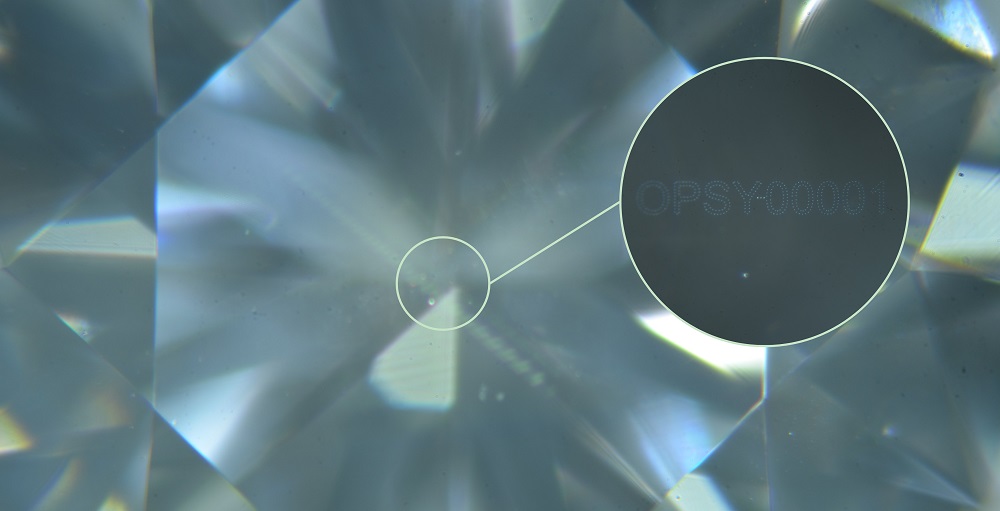 Opsydia alphanumeric Nano ID beneath the surface of a diamond